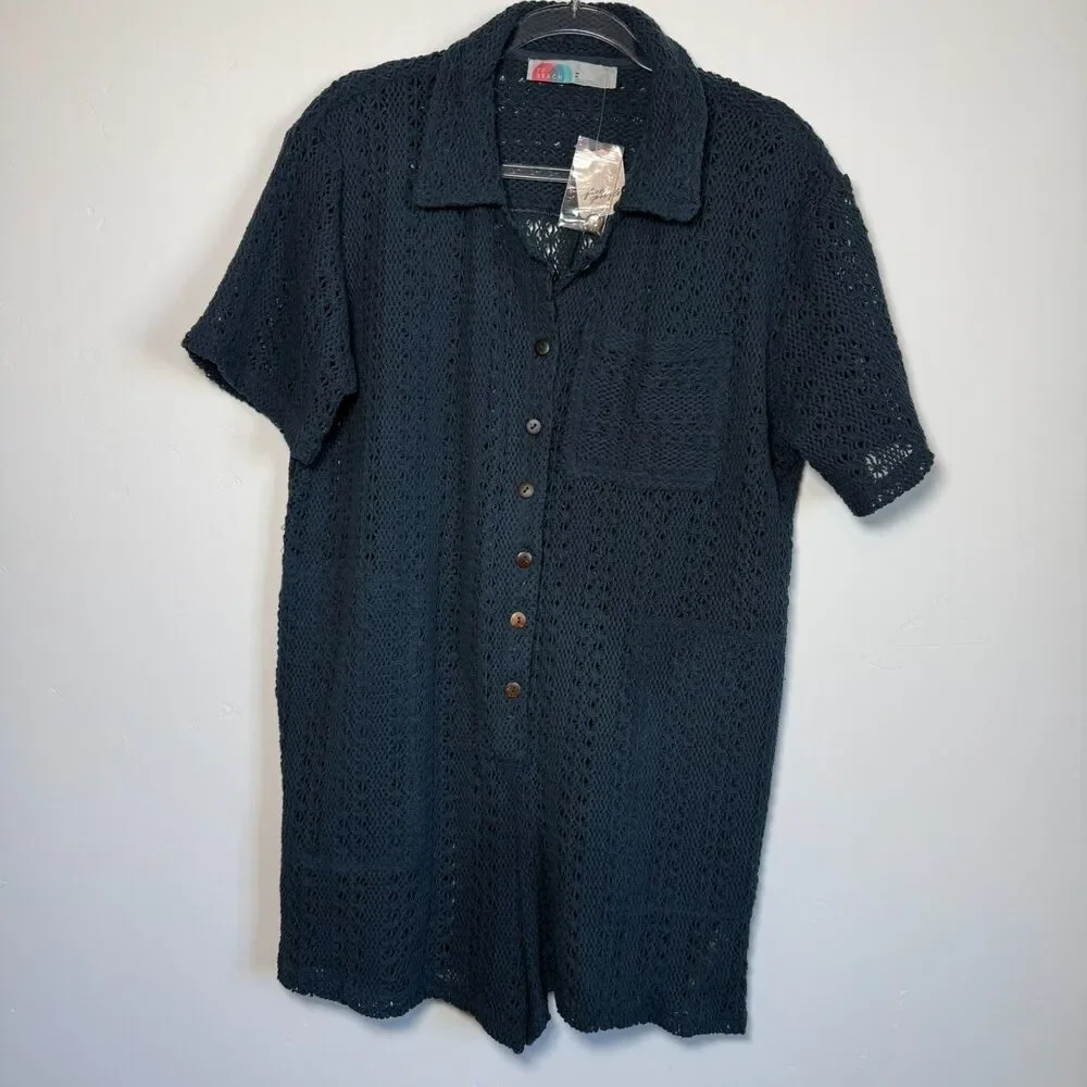 FP Beach Womens Wave Maker Knit Romper Boho Coastal Rustic Festival Blue Size M
